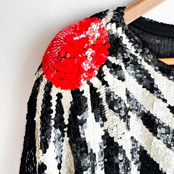 Vintage Siruti Geometric Print black White Orange Sequin Harlequin SILK Top L - Picture 8 of 11